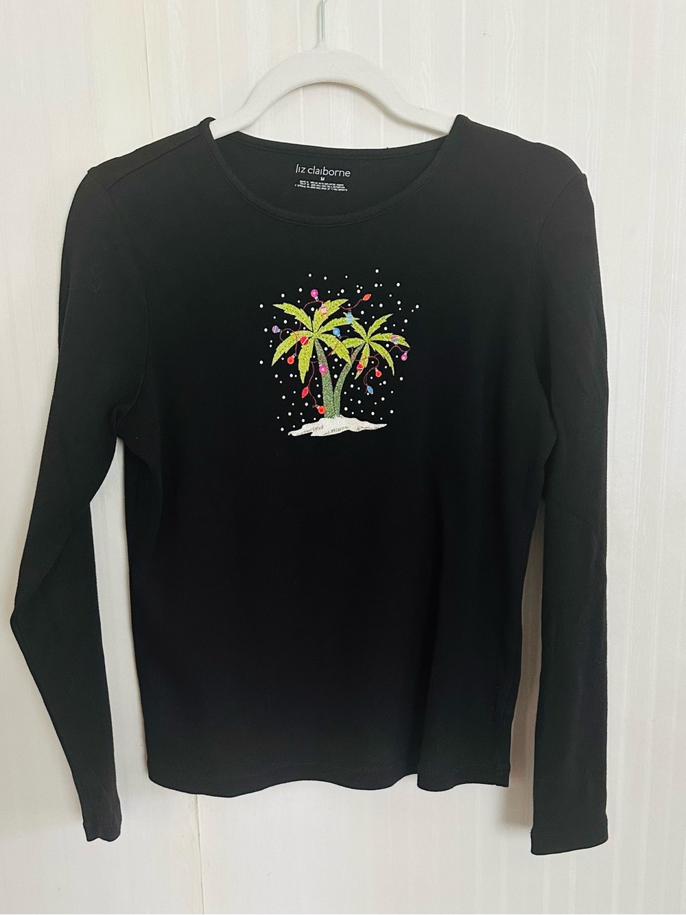 Liz Claiborne Black Long Sleeve Tee Neon Palm Tree Florida Christmas Graphic
